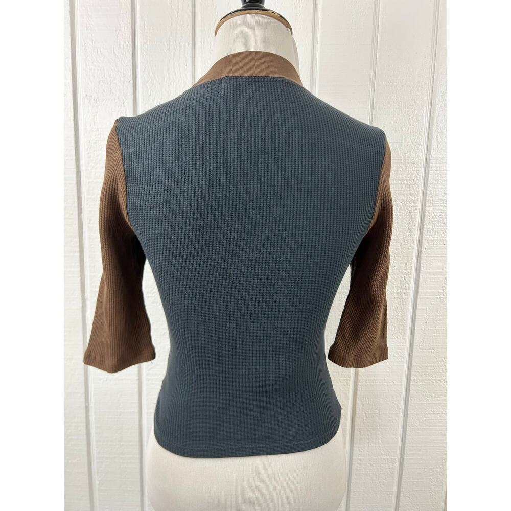 Free People Daydreamer Graphic Thermal Top Waffle Knit Brown Blue 3/4 Sleeve XS - Picture 6 of 8